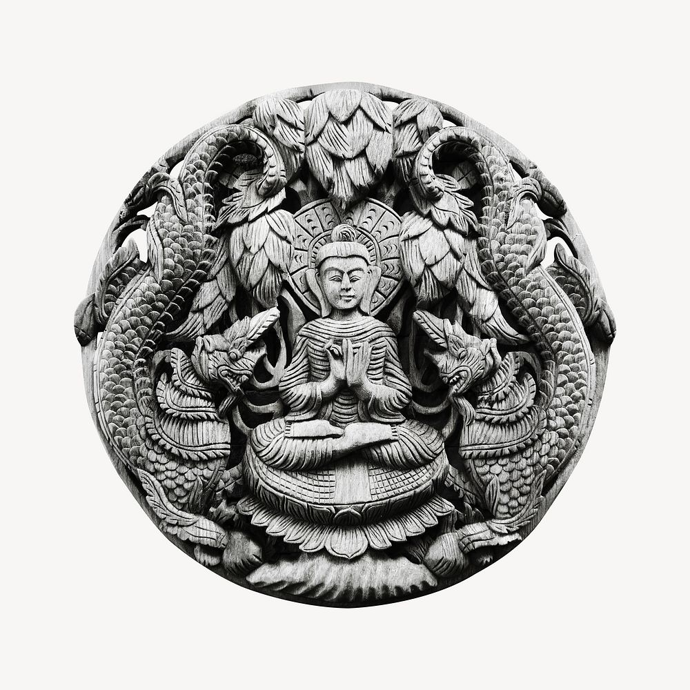 Buddha carving badge collage element, isolated image