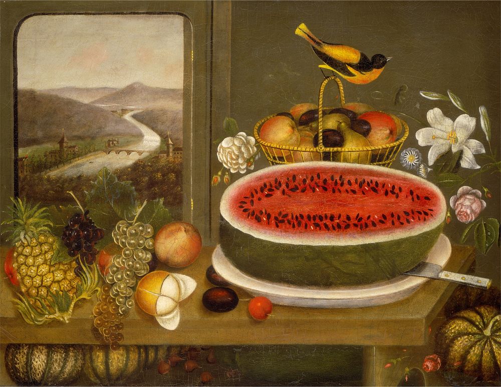 Fruit and Baltimore Oriole (1858) by Wagguno.  