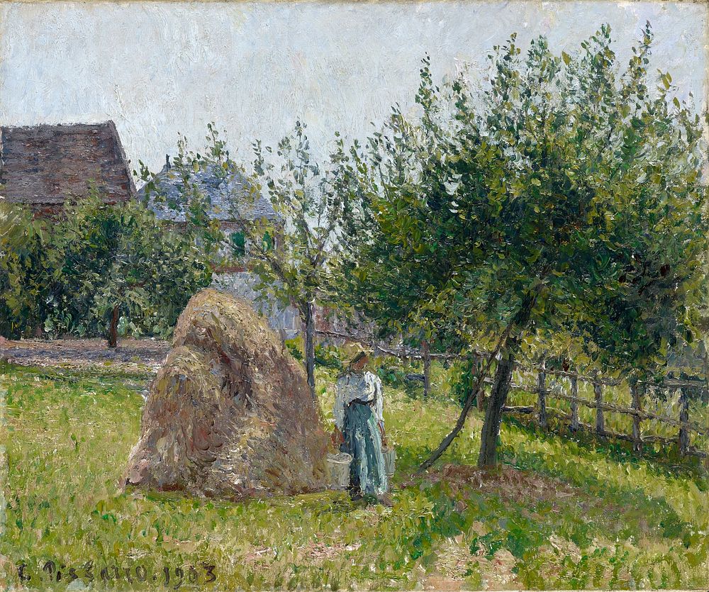 Pommiers &agrave; Eragny, matin&eacute;e de soleil (1903) painting in high resolution by Camille Pissarro. 