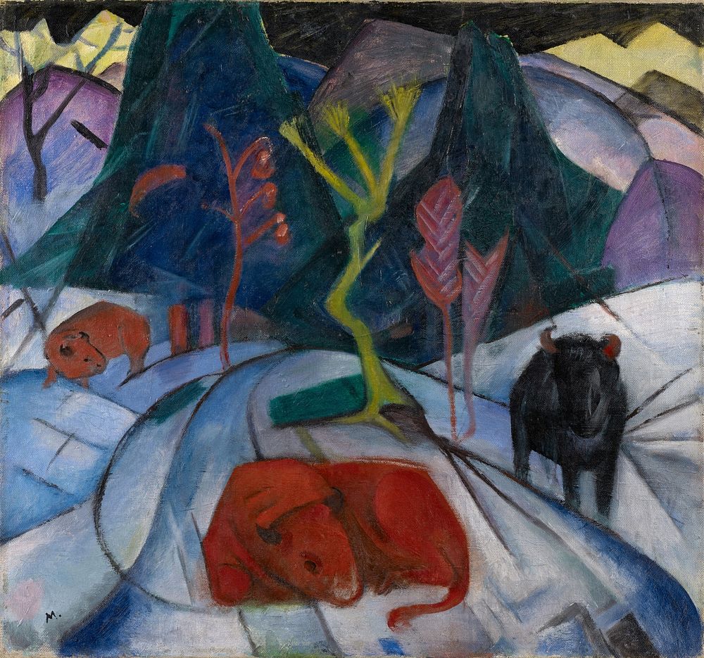 Bison in winter (red bison) (1913) painting in high resolution by Franz Marc. 