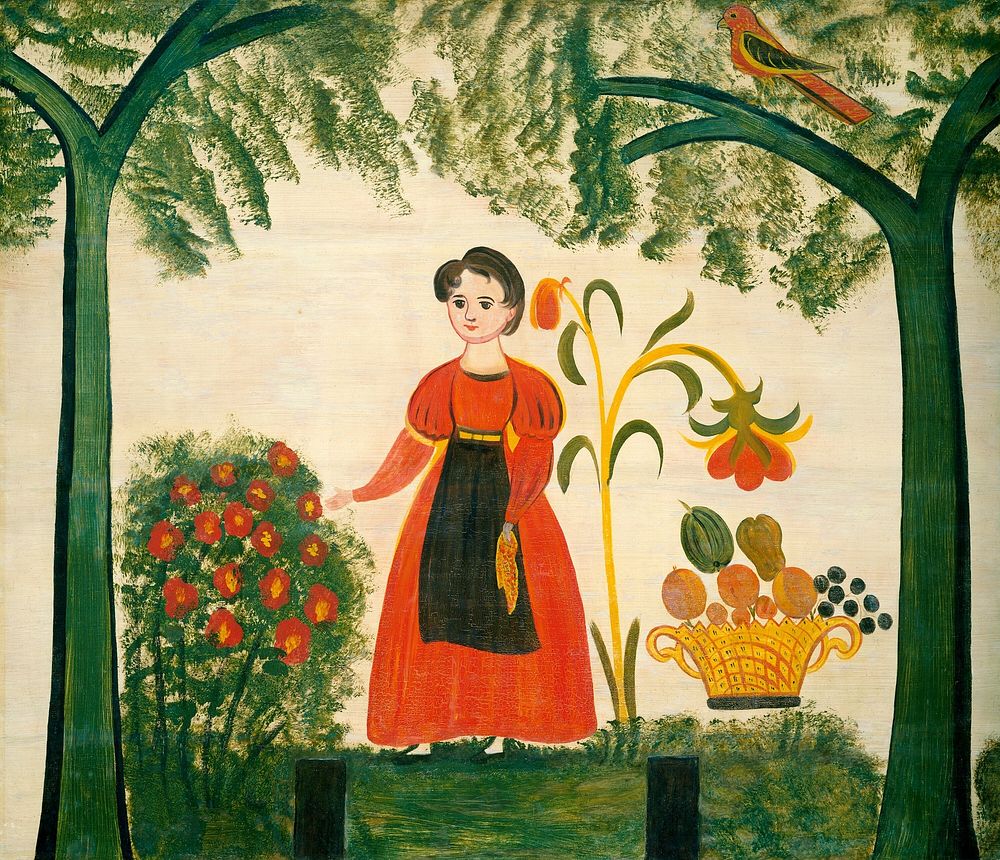 Girl in Red with Flowers and a Distelfink (ca. 1830) by American 19th Century.  