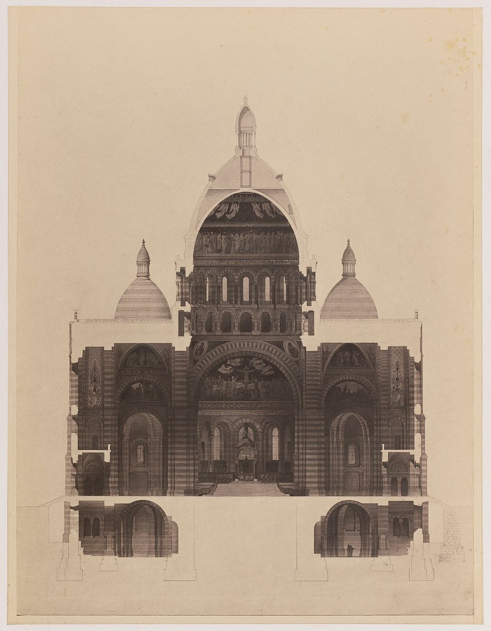 Projet pour le Sacré-Coeur. Reproduction du dessin d'Abadie en 1874 (coupe). Paris (XVIIIème arr.). Tirage sur papier…