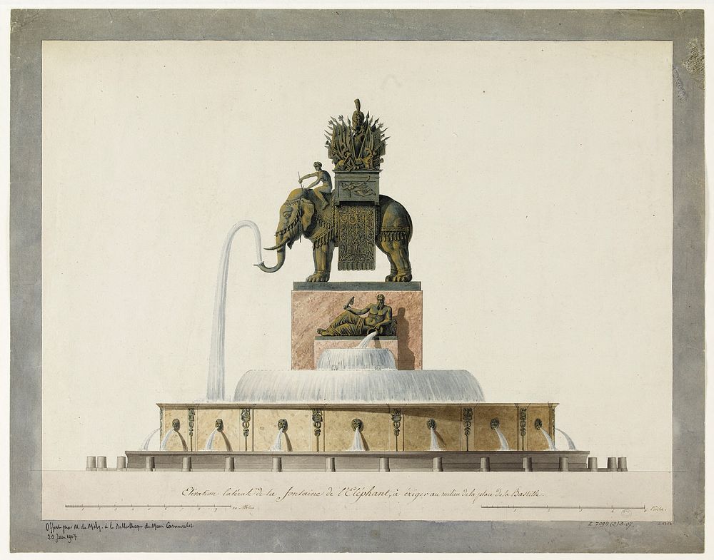 Jean-Antoine Alavoine (1776-1834). "Elevation latérale de la fontaine de l'Eléphant à ériger au milieu de la place de la…