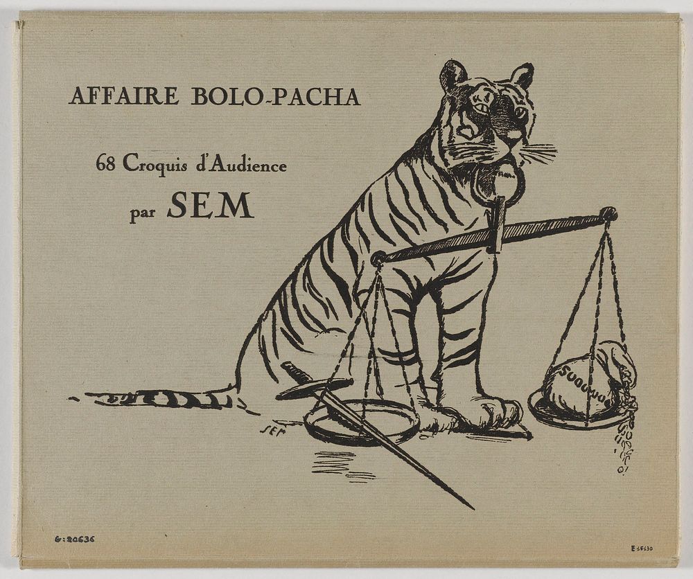 Sem (1863-1934). "Affaire Bolo-Pacha, 68 croquis d'audience par Sem (couverture)". Lithographie, vers 1918. Paris, musée…