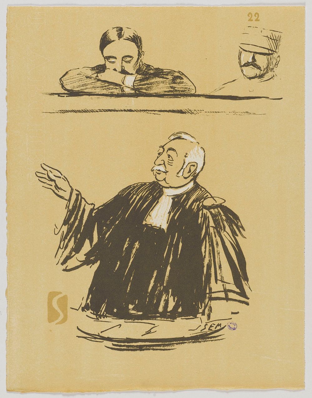 Sem (1863-1934). "Bolo-Pacha et Maître A. Salles à la barre (pl 22)". Lithographie, vers 1918. Paris, musée Carnavalet.