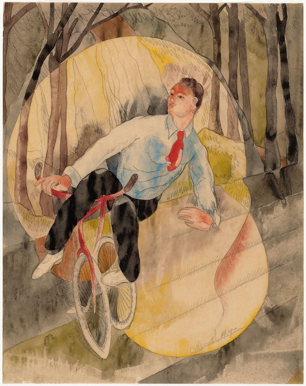 In Vaudeville, the Bicycle Rider (1919) painting in high resolution by Charles Demuth.  