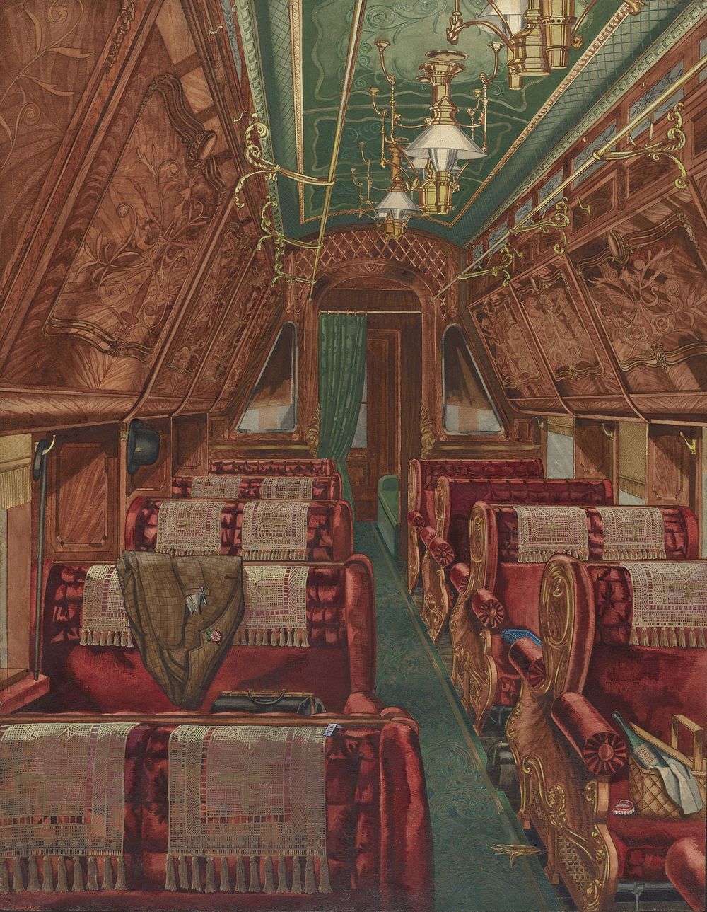 Interior of Pullman Coach (1888, 1935–1942) by Perkins Harnly.  