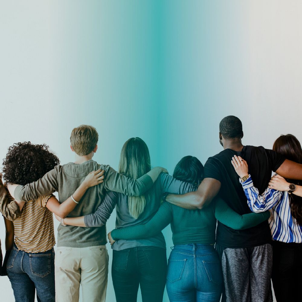 Diverse friendship background, people hugging from behind photo