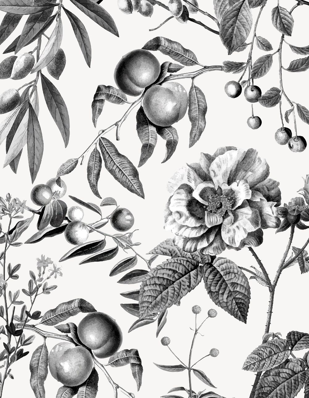Aesthetic floral drawing pattern background, black and white clipart vector