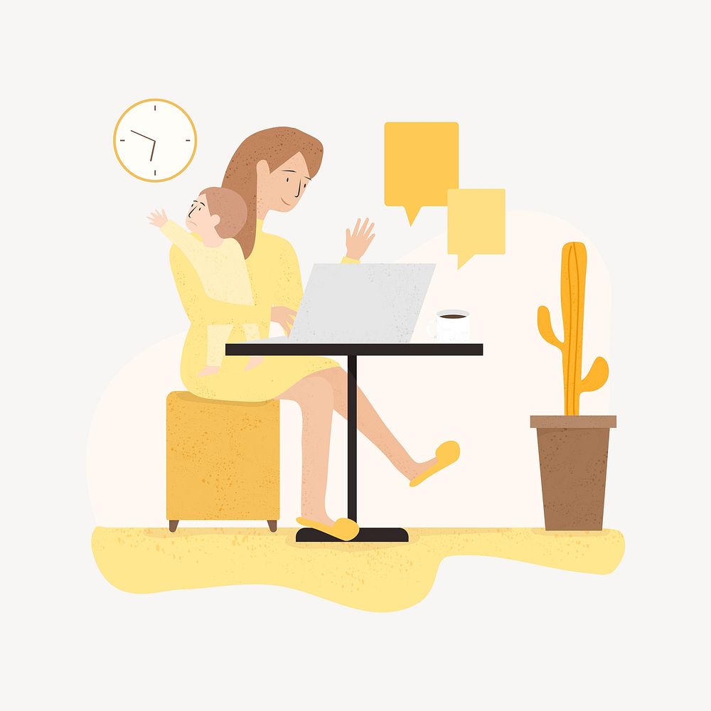 Mother working from home element, cute design vector