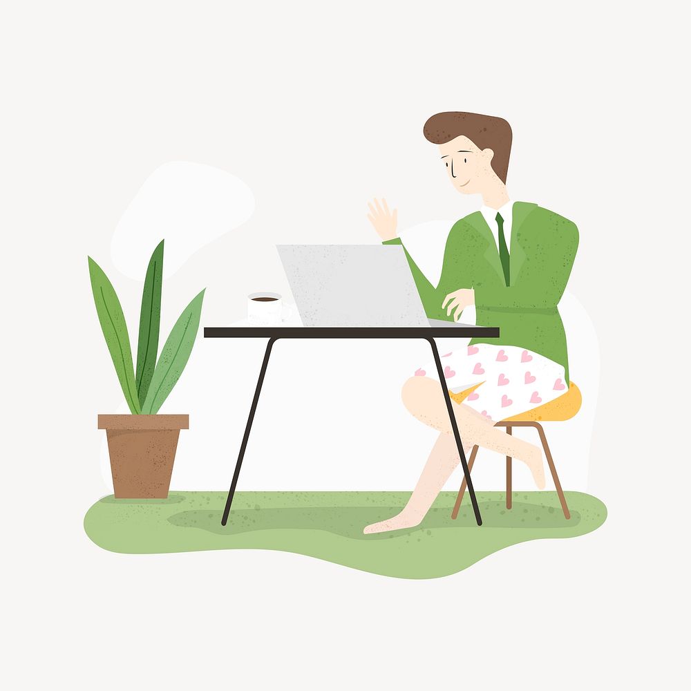 Woman working from home element, cute green design vector