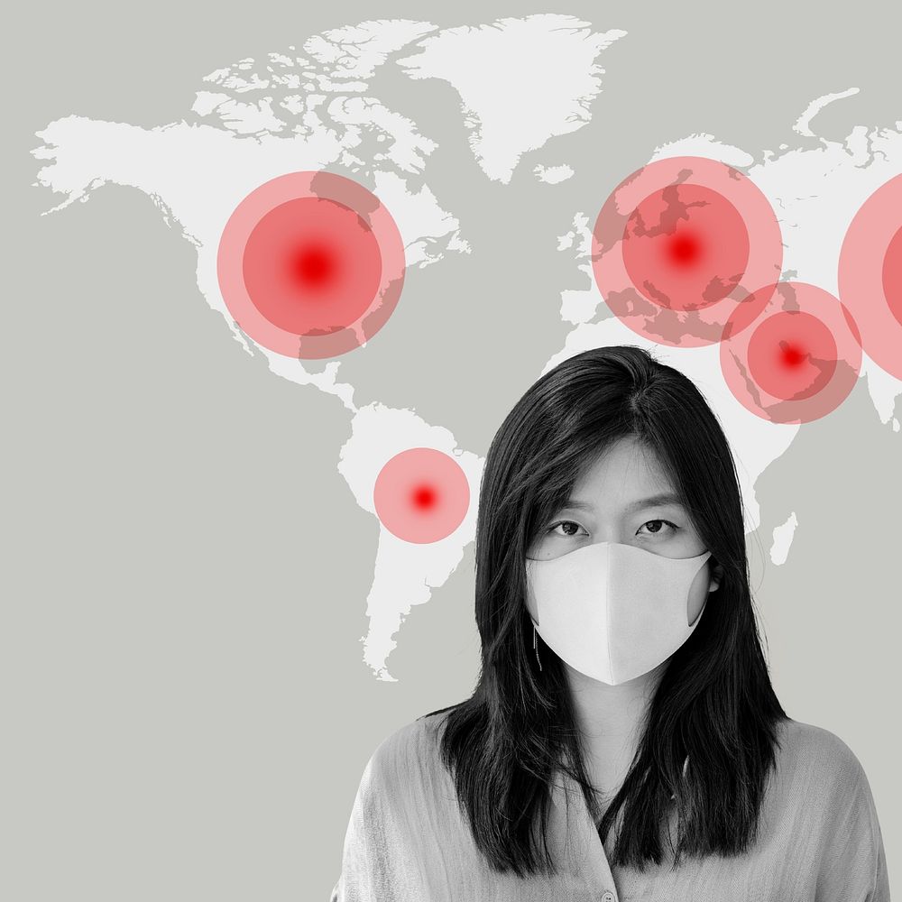 Covid-19 global pandemic background, woman wearing mask