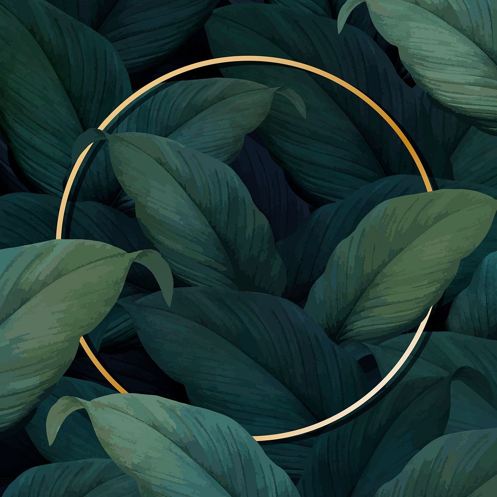 Round gold frame, leaf background