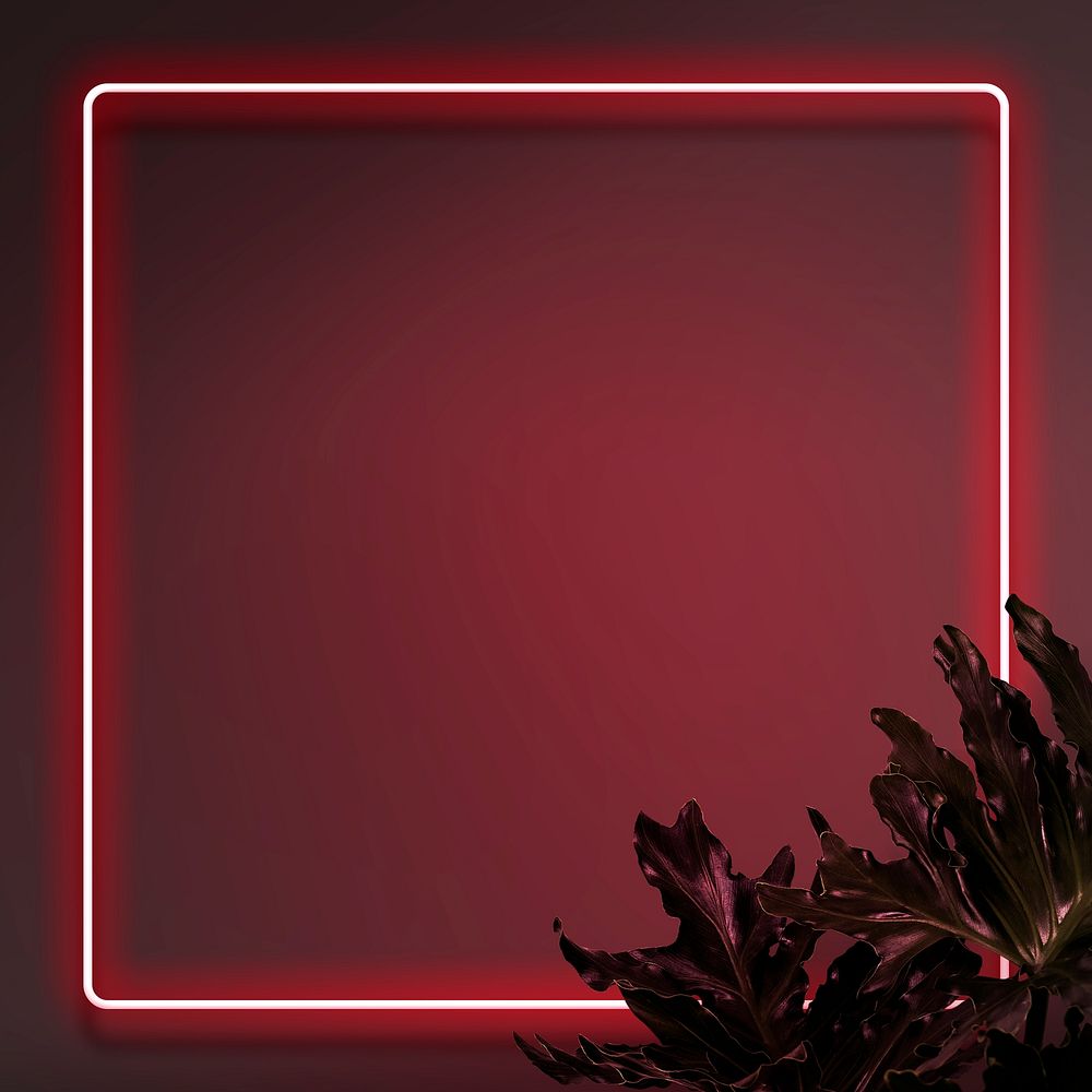 Red neon frame background, leafy design
