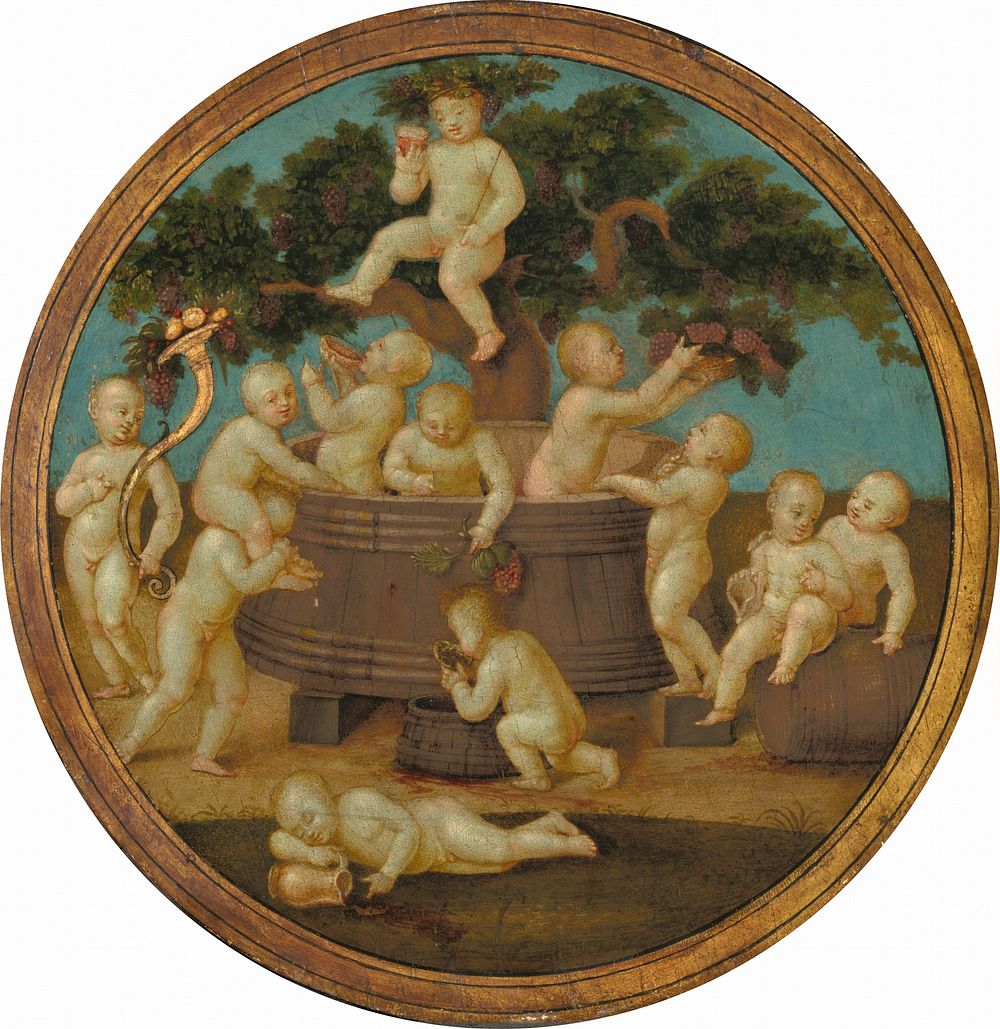 Putti with a Wine Press (ca. 1500) by Anonymous Artist & Raphael.  