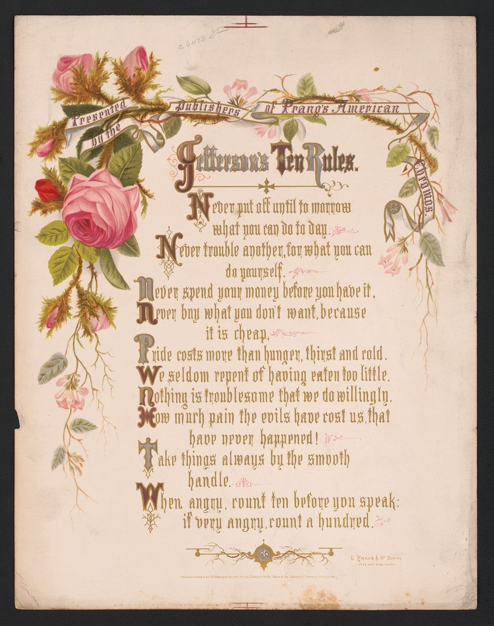 Jefferson's ten rules. Presented by the publishers of Prang's American chromos (1873) by L. Prang & Co. 