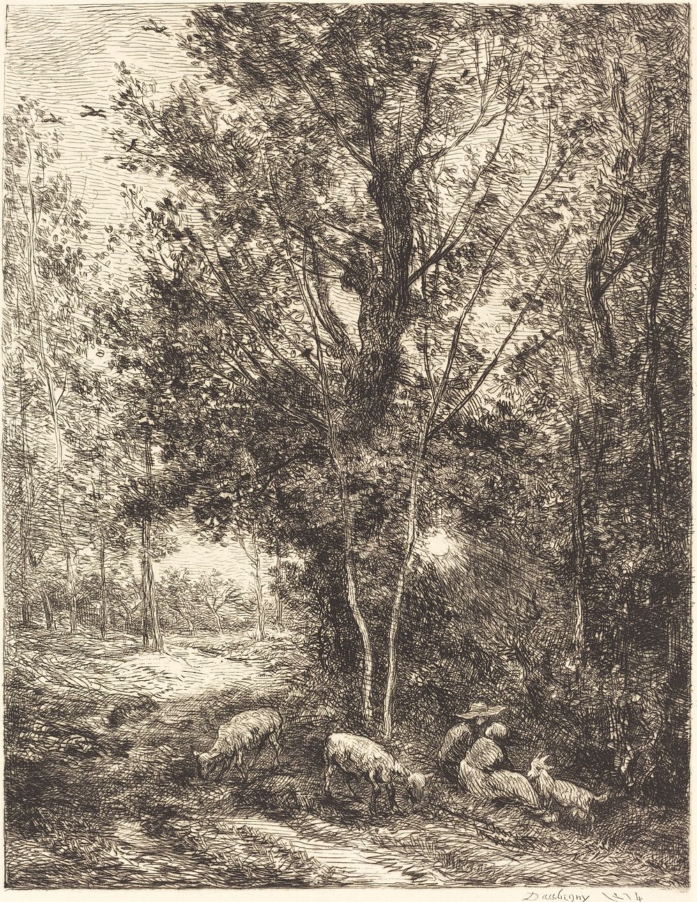 Shepherd and Shepherdess (Le Berger et la bergere) (1874) print in high resolution by Charles-Fran&ccedil;ois Daubigny. 