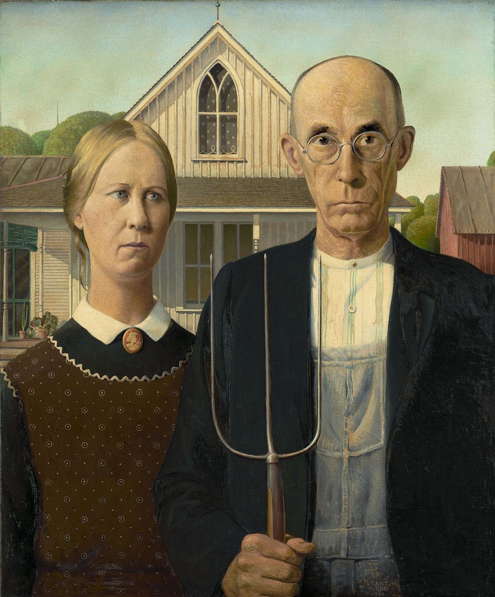 Grant Wood's American Gothic (1930) famous painting. Original from Wikimedia Commons. 