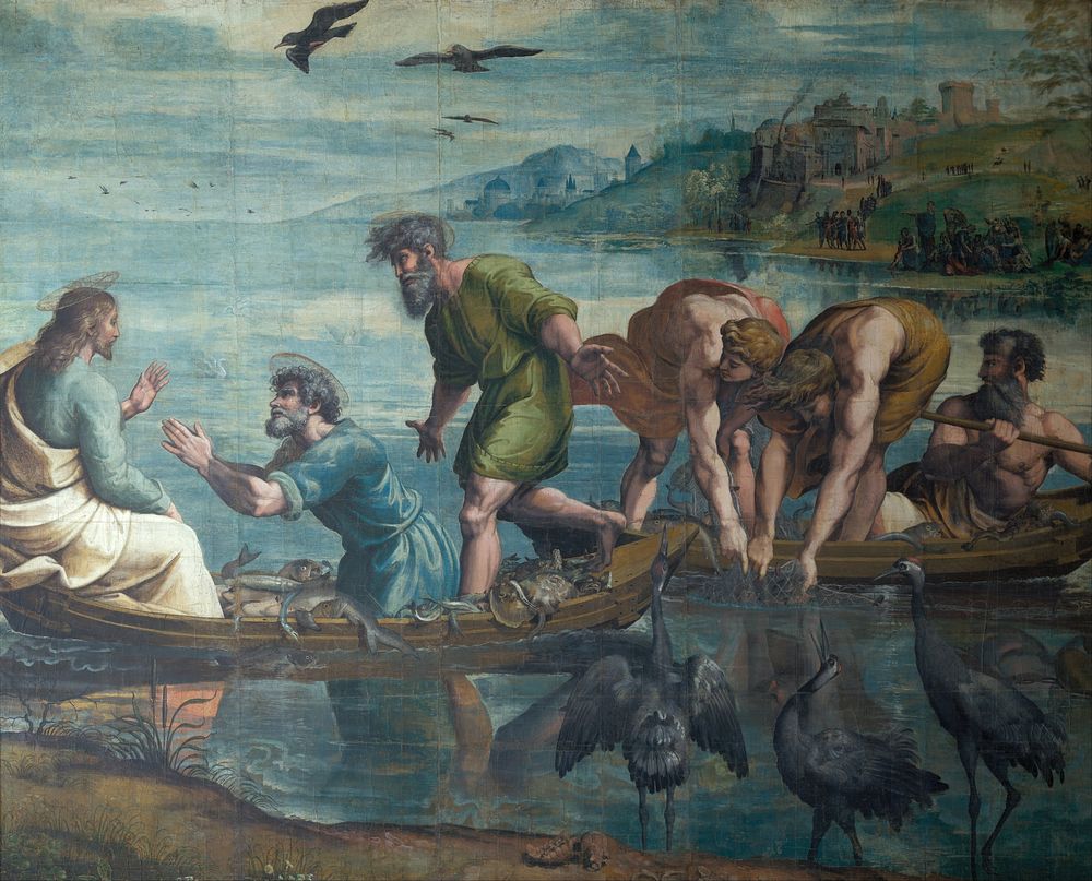 Raphael's The Miraculous Draft of Fishes (ca. 1515–1516) famous painting. Original from Wikimedia Commons. 