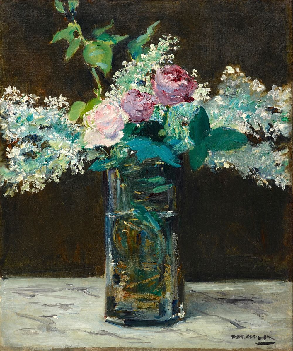Edouard Manet's Vase of White Lilacs and Roses (1883) famous painting. 