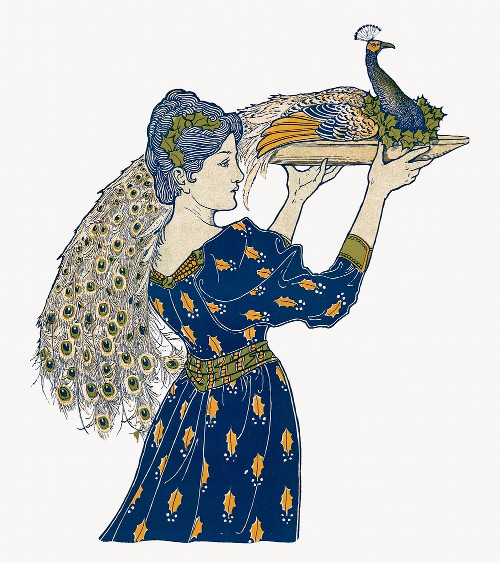 Woman carrying peacock on a tray.  Remastered by rawpixel
