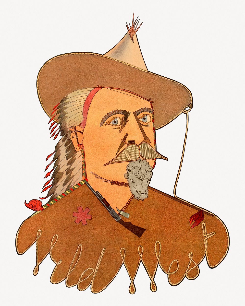 Wild Western mustache man illustration psd.  Remastered by rawpixel