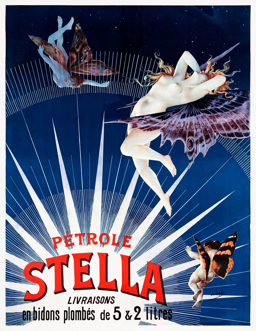 P&eacute;trole Stella, livraisons en bidons plomb&eacute;s de 5 & 2 litres (1897) by Henri (Henri Boulanger) Gray. Original…