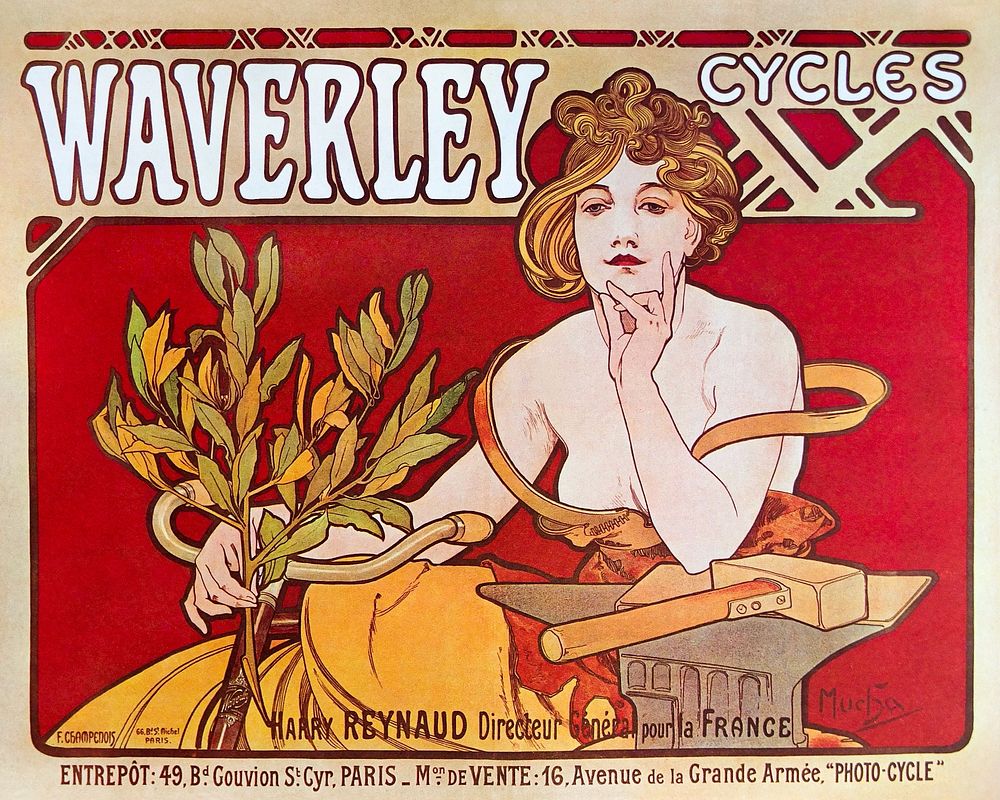Cycles Waverley Paris (1898) by Alphonse Mucha. Original public domain image. Digitally enhanced by rawpixel.