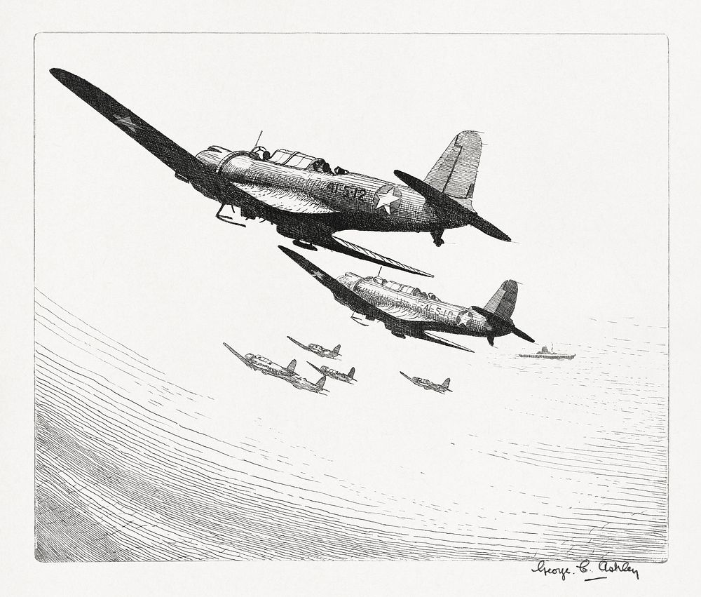 U.S.N. scout bombers, aesthetic etching. Original public domain image by George C. Ashley from the Library of Congress.…