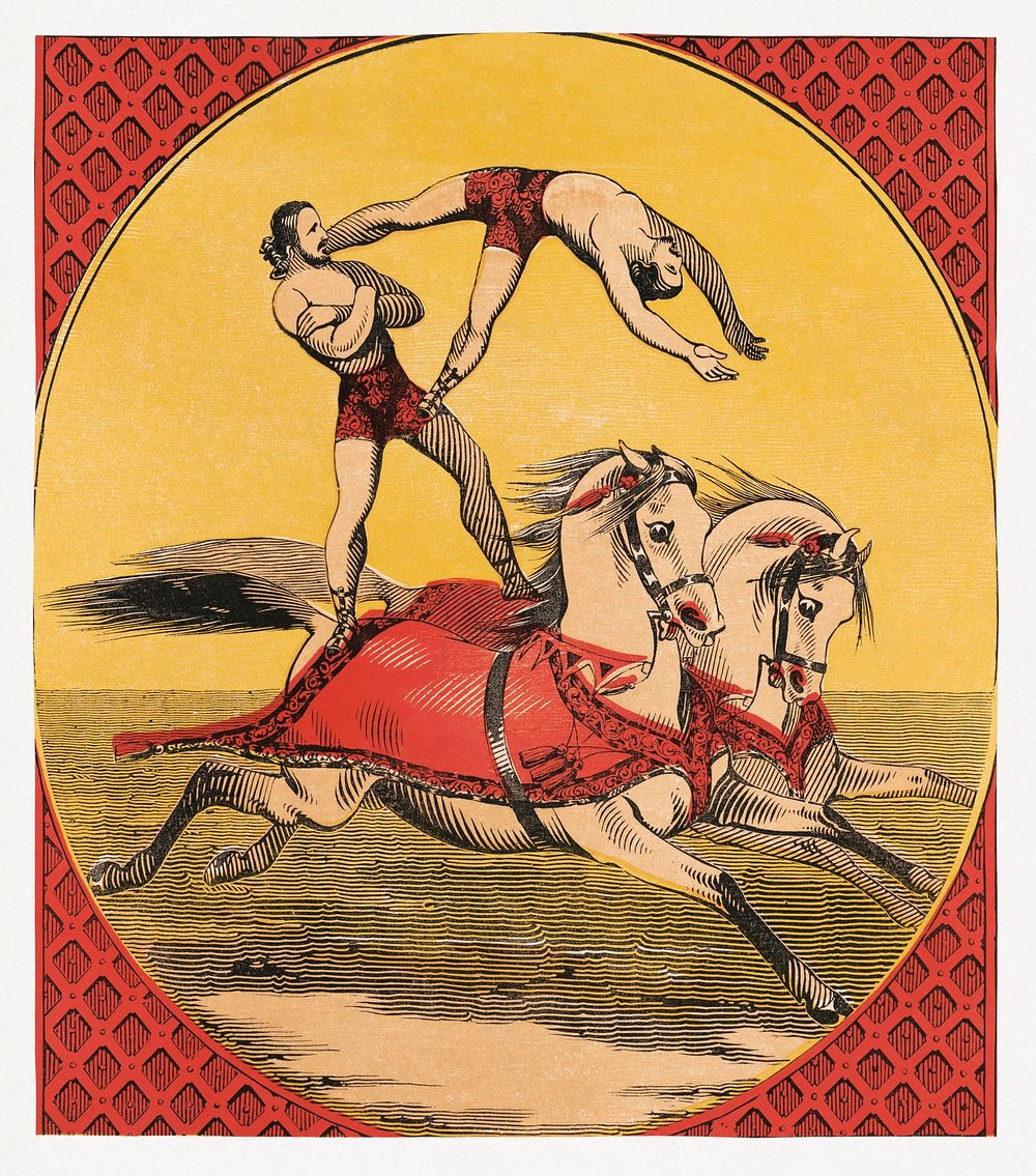 Two acrobats, aesthetic chiaroscuro woodcut. Original public domain image from the Library of Congress. Digitally enhanced…