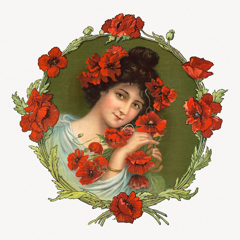 Aesthetic vintage woman and poppies illustration.  Remastered by rawpixel