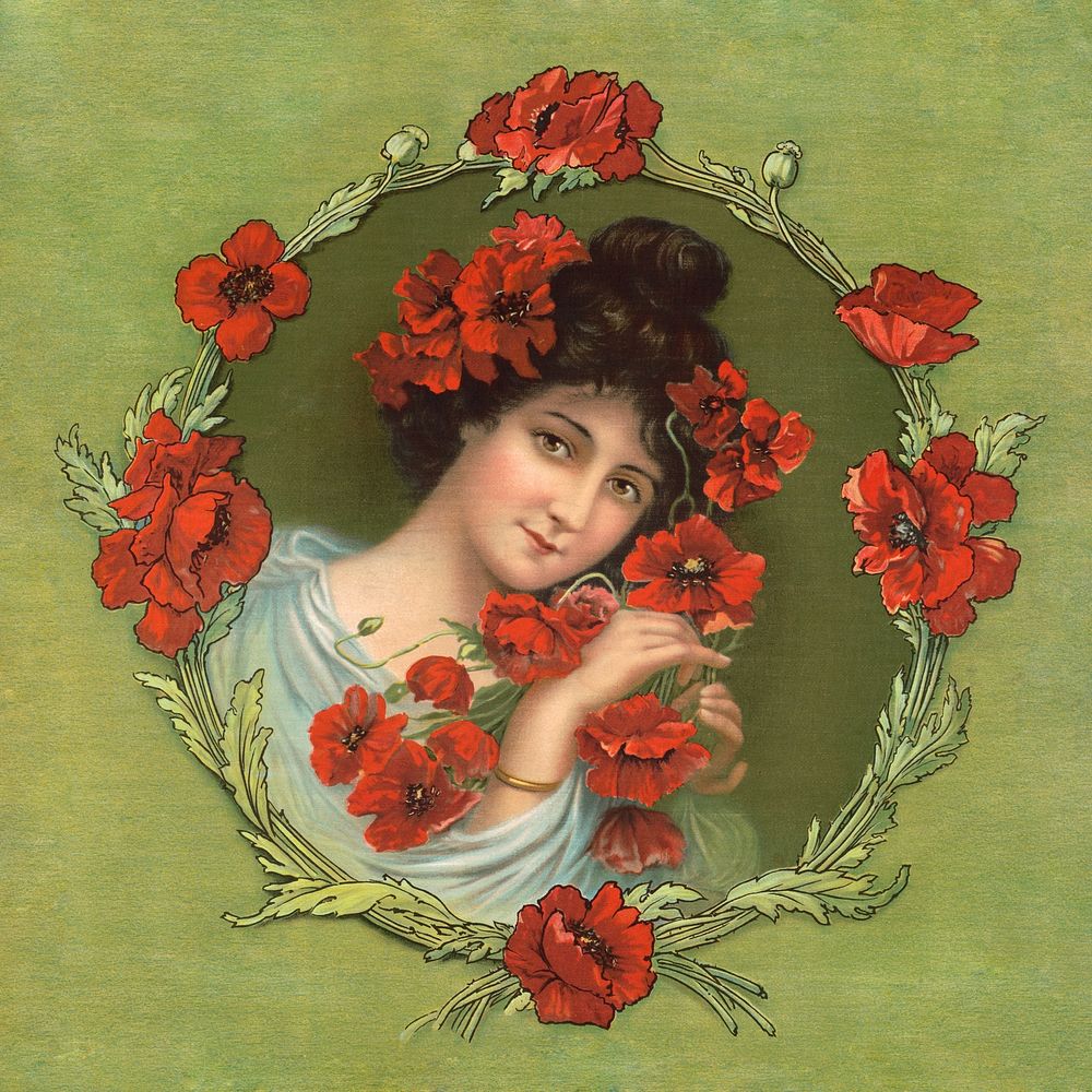 Woman and poppies, aesthetic chromolithograph. Original public domain image from the Library of Congress. Digitally enhanced…