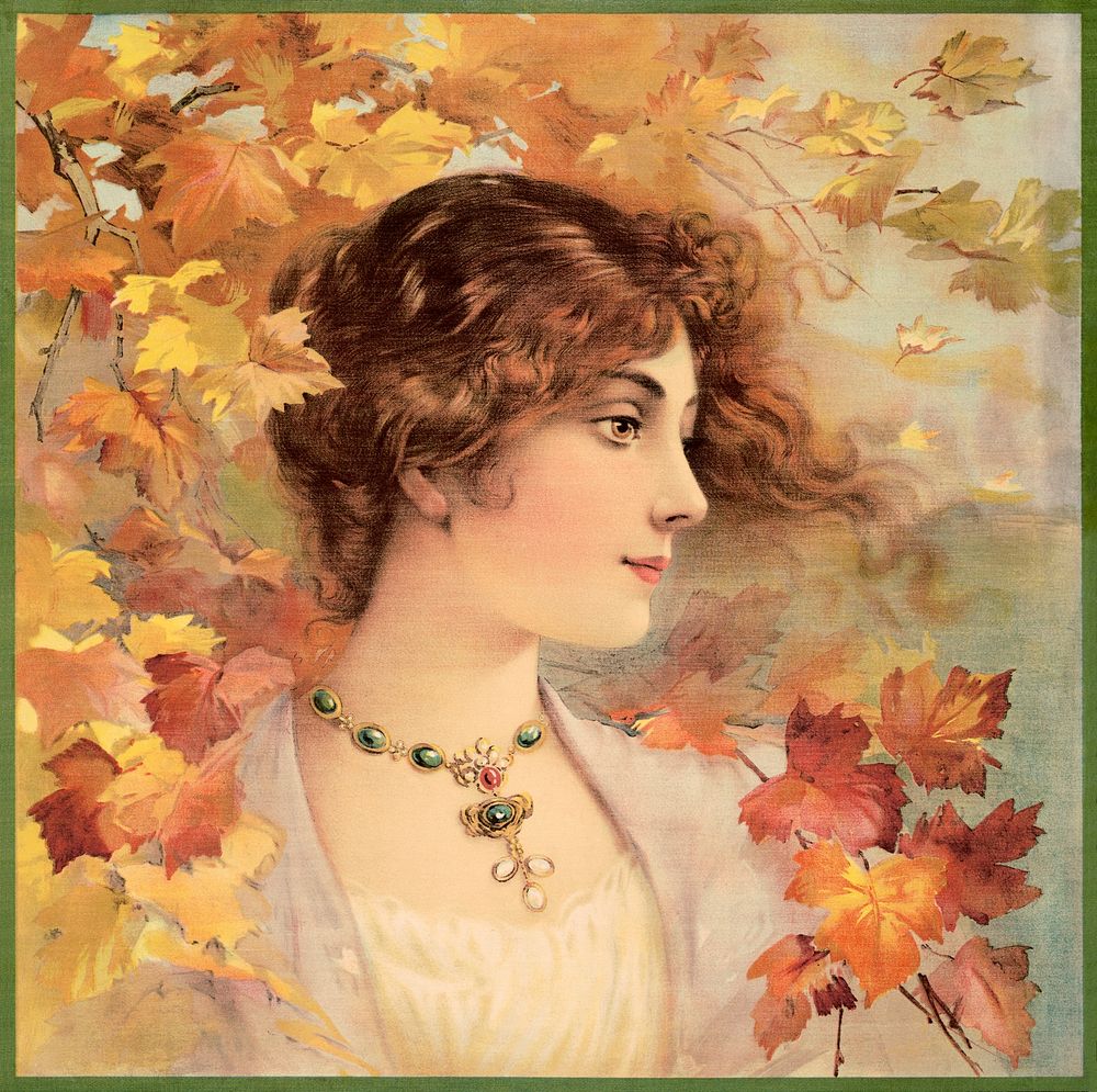 Aesthetic woman in Autumn, chromolithograph print. Original public domain image from the Library of Congress. Digitally…