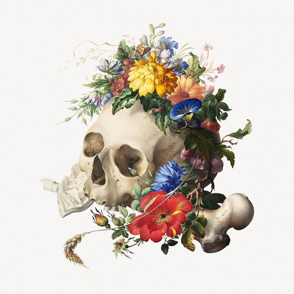 Aesthetic vanitas floral skull illustration.  Remastered by rawpixel