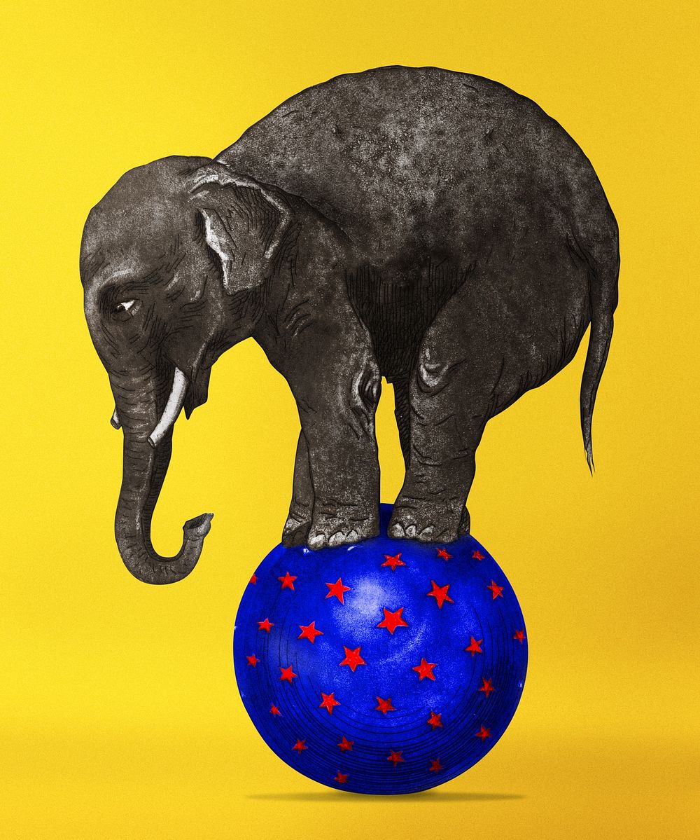 Aesthetic elephant on a ball illustration. Remixed by rawpixel.