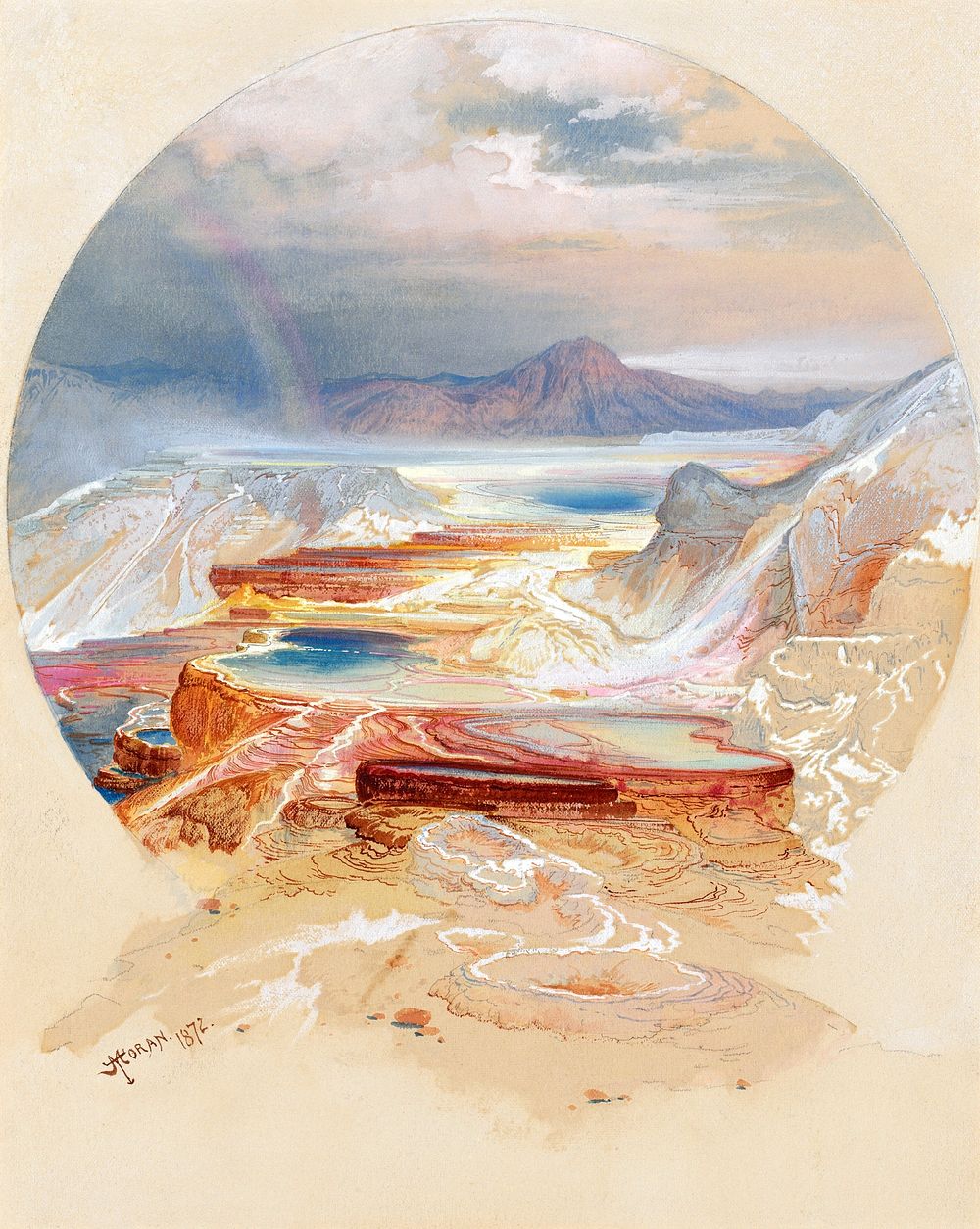 Minerva Terrace, Yellowstone (1872) watercolor and gouache by Thomas Moran. Original public domain image from the National…