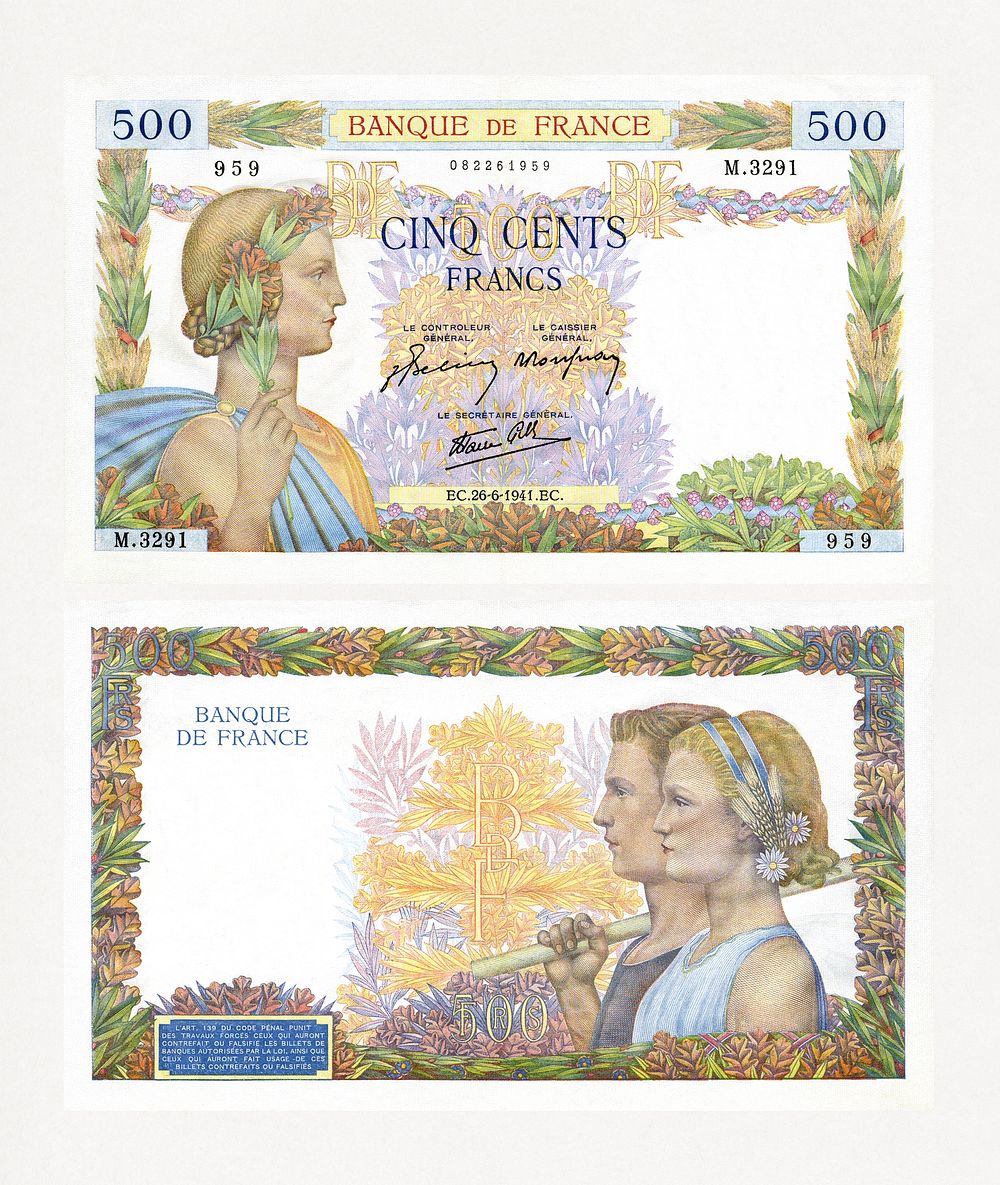 French's 500 Francs banknote (1941). Original public domain image from Wikimedia Commons. Digitally enhanced by rawpixel.