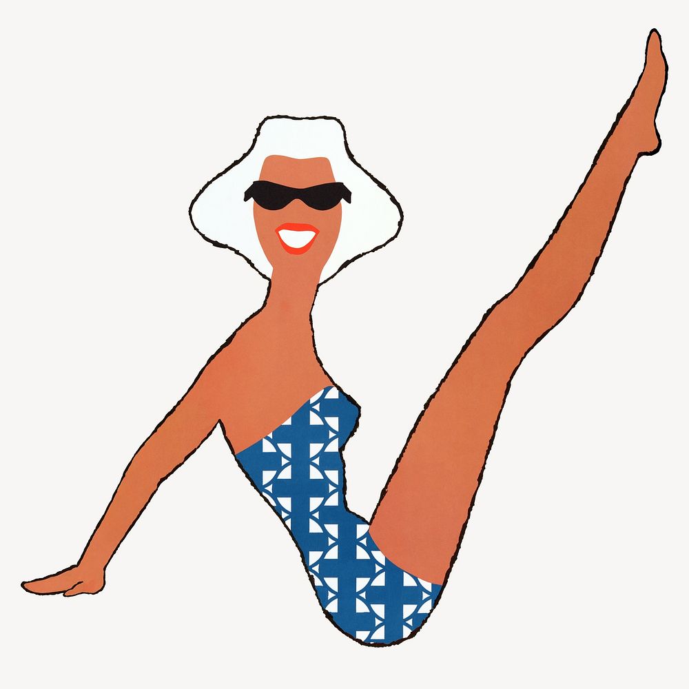 Tanned woman in blue swimsuit, summer illustration.  Remixed by rawpixel.
