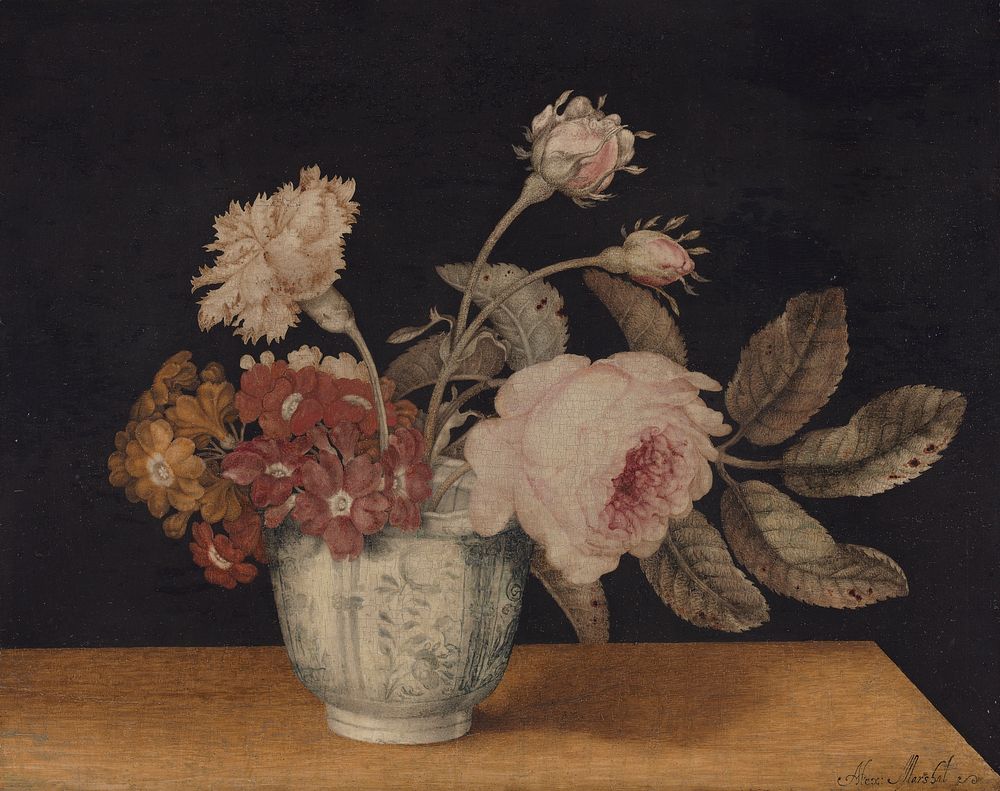 Flowers in a Delft Jar (1663) painting in high resolution by Alexander Marshal.  