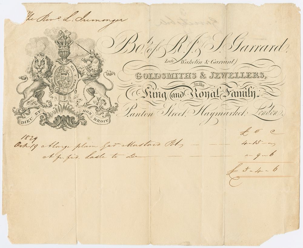 Billhead recording purchases by the Rev. L. Iremanger from R.J. & S. Garrard, goldsmiths & jewellers (1824) print in high…