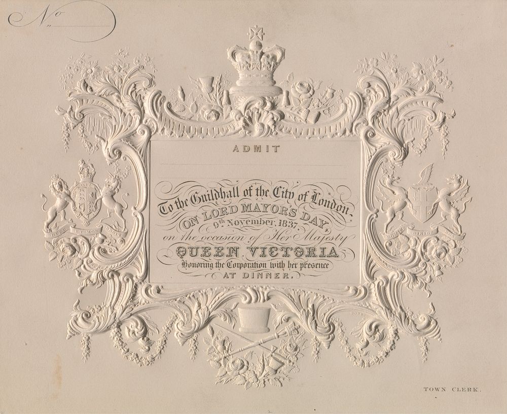 Victoria, Queen. Ticket of Admission to the Guildhall of the City of London on Lord Mayor's Day, 9th November (1837) print…