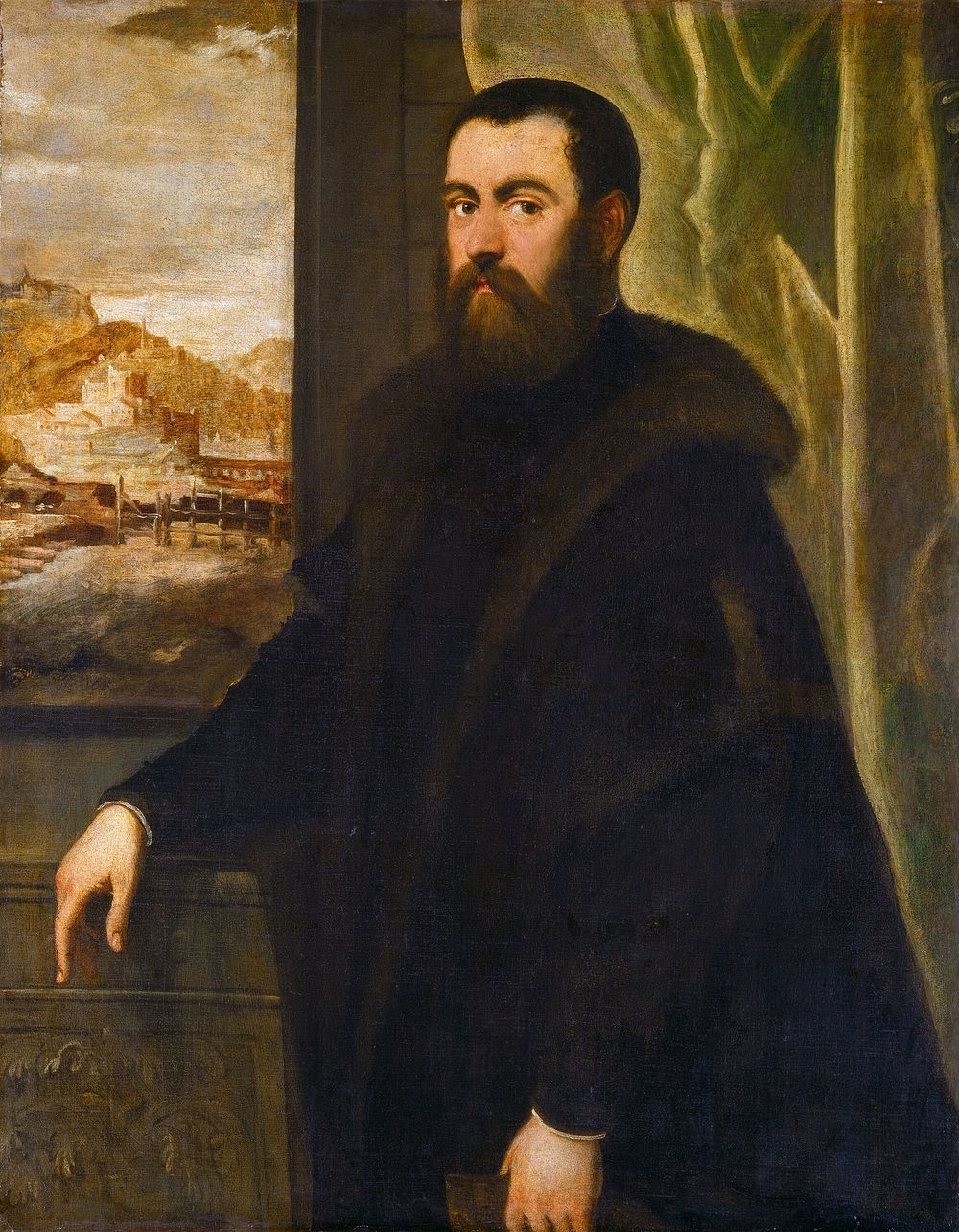 Portrait of a Man with a Landscape View (1552–1556) by Jacopo Tintoretto  & Maarten de Vos.  