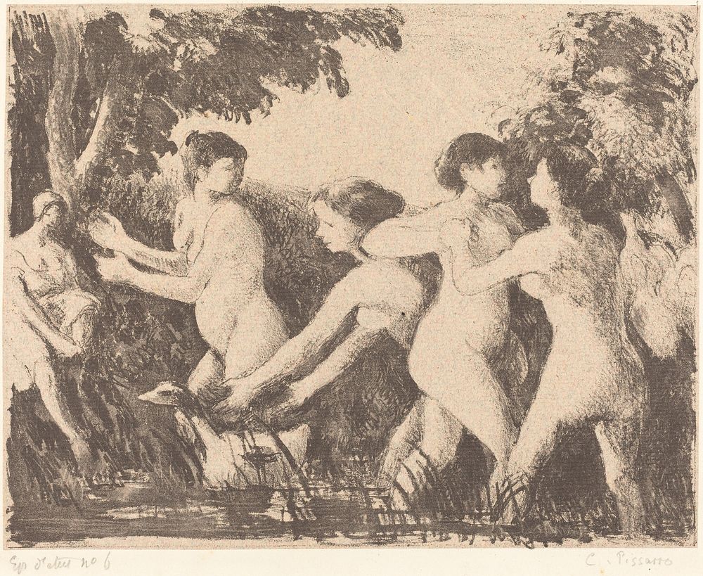 Baigneuses luttant (Bathers Wrestling) (ca. 1896) by Camille Pissarro.  