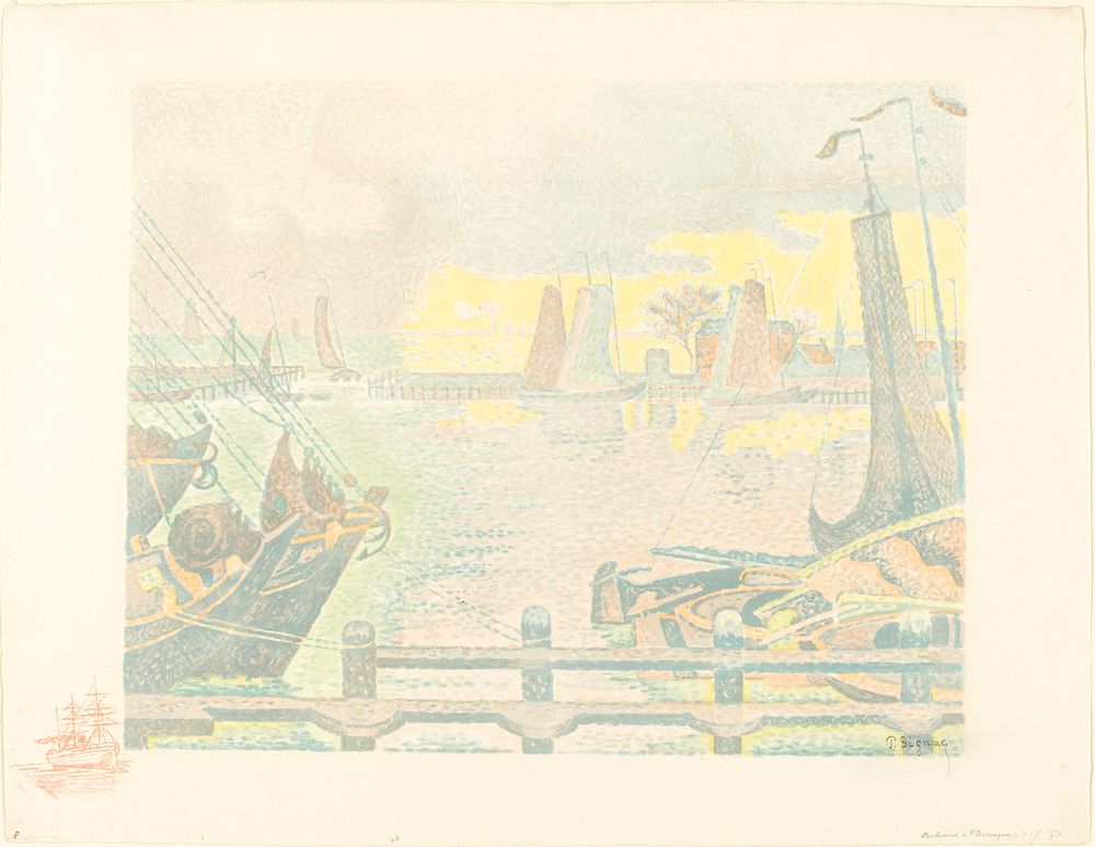 Boats at Flushing (Bateaux &agrave; Flessingue) (1895) print in high resolution by Paul Signac. 