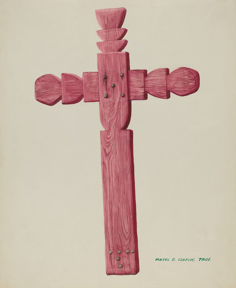 Red Wooden Cross used as Headstone (ca.1937) by Majel G. Claflin.  