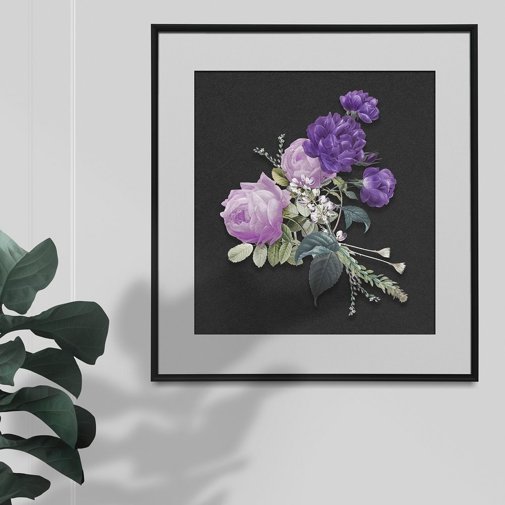 Purple roses psd in a frame hanging on the wall mockup
