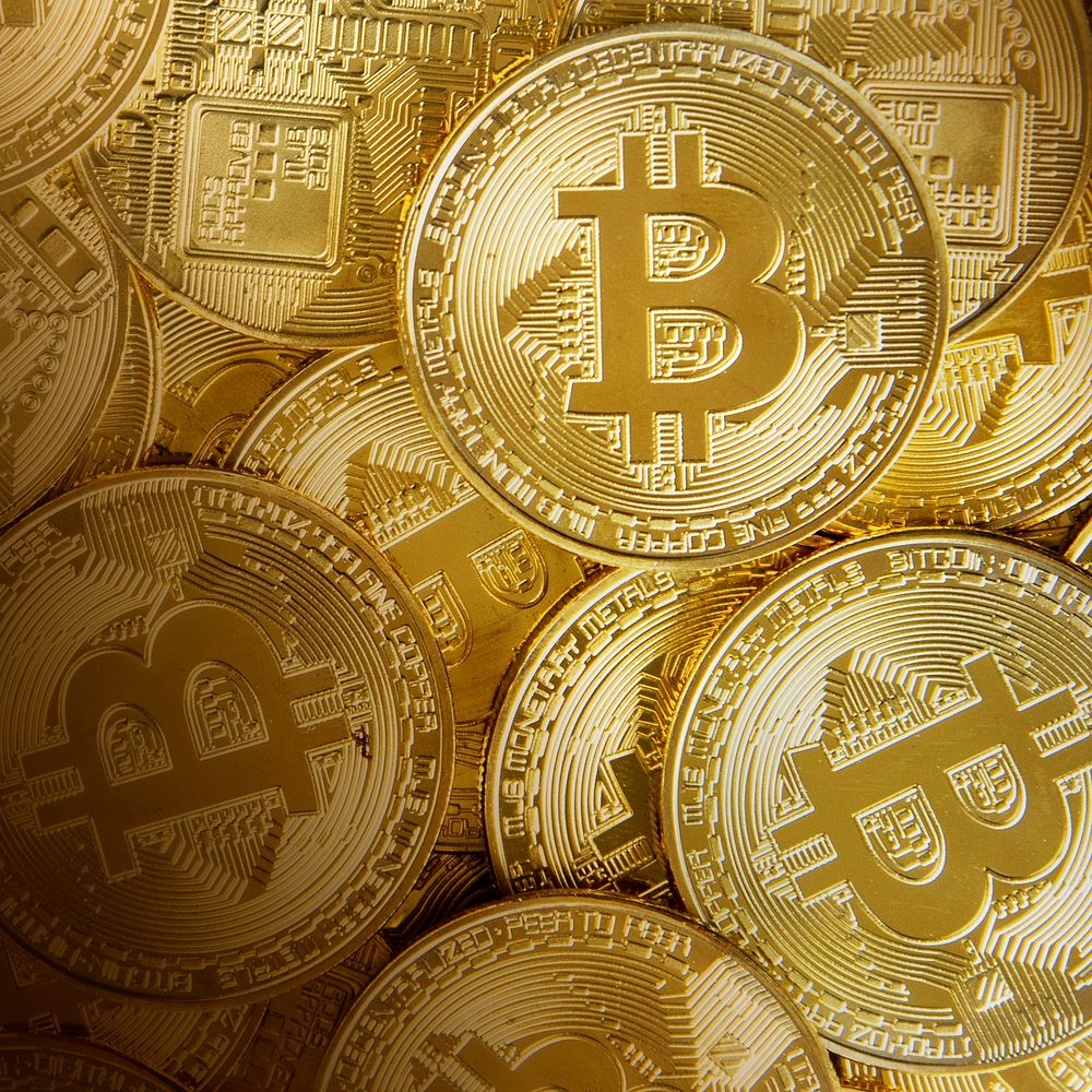 Gold bitcoins background, cryptocurrency digital finance remixed