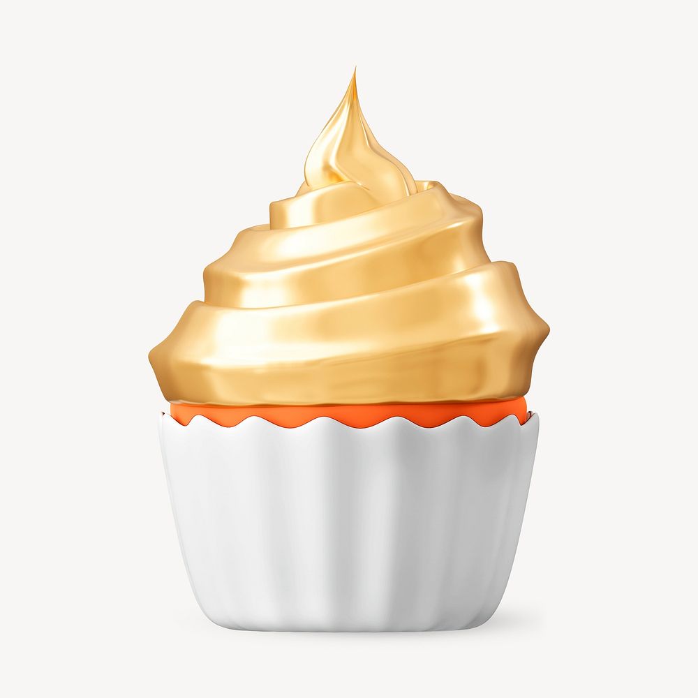 Gold cupcake clipart, 3d birthday graphic