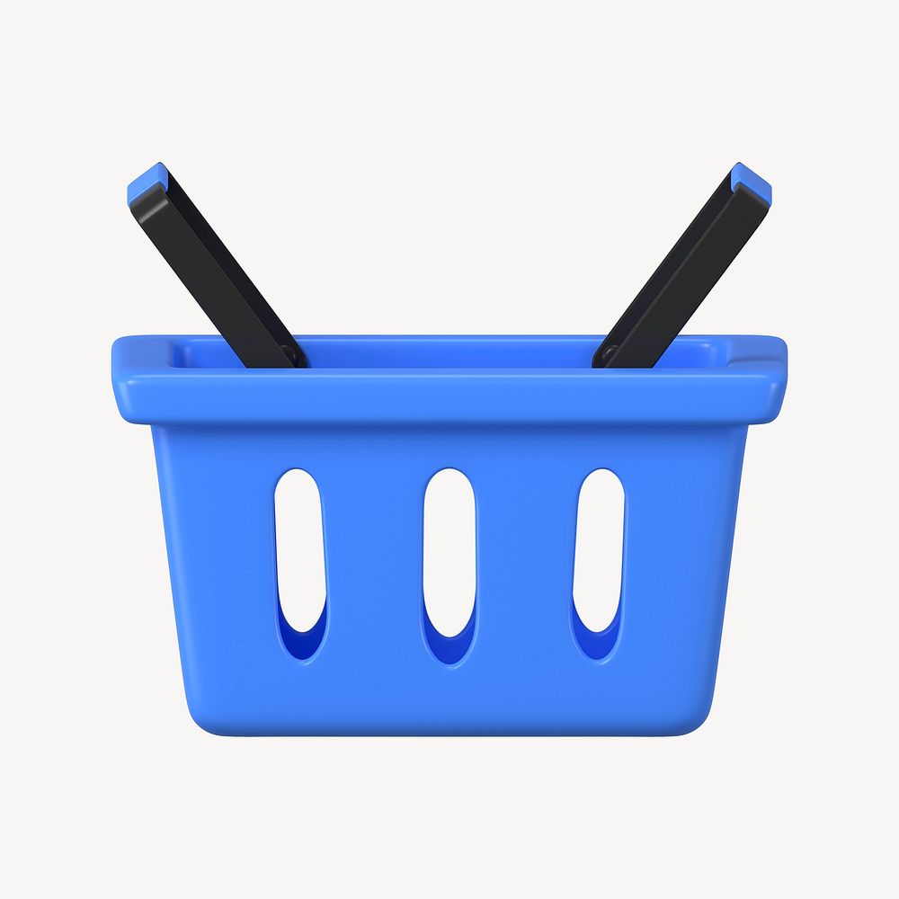 Blue shopping basket, supermarket, 3D object illustration