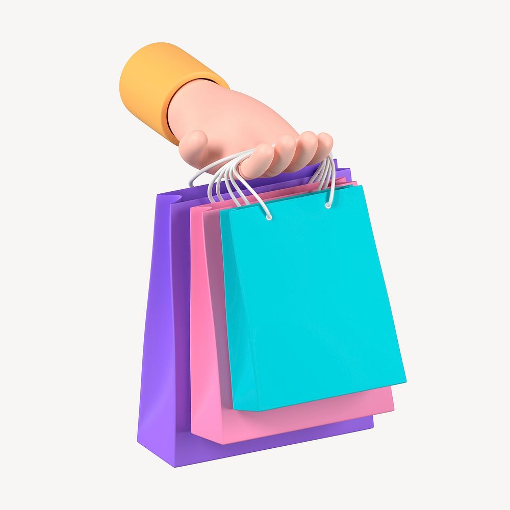 Hand holding shopping bags, 3D illustration